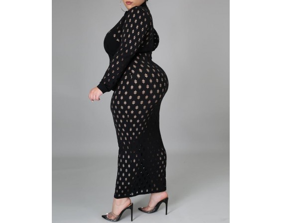 Plus Size Hollow Out Long Sleeve Cover Up Dress Without Li 