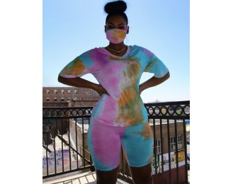 Tie Dye Print V-neck Top   Shorts Set With Face Cover