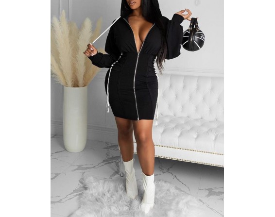 Eyelet Lace Up Zipper  sign Bodycon Dress