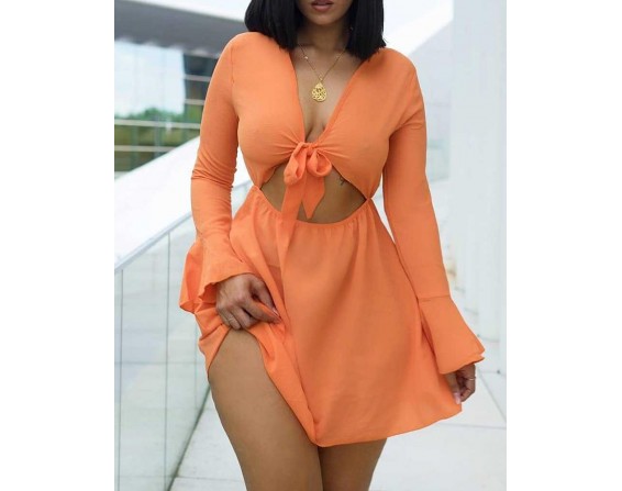 Bell Sleeve Cutout Knotted  sign Dress