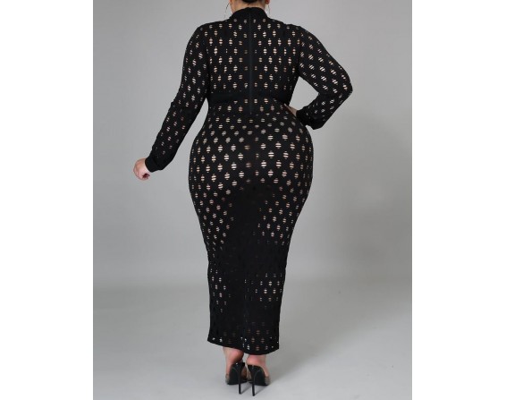 Plus Size Hollow Out Long Sleeve Cover Up Dress Without Li 