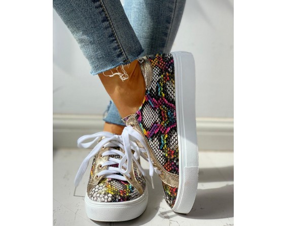Glitter Lace Up Star Pattern Casual Sneakers
