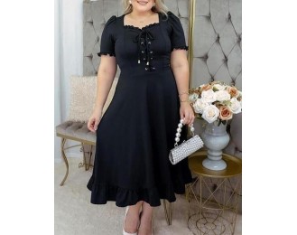 Plus Size Eyelet Lace up Bell Sleeve Ruffles Casual Dress