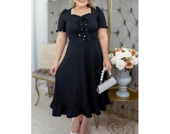 Plus Size Eyelet Lace up Bell Sleeve Ruffles Casual Dress