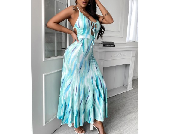 Cutout Front Tied  tail Backless Tie Dye Print Maxi Dress