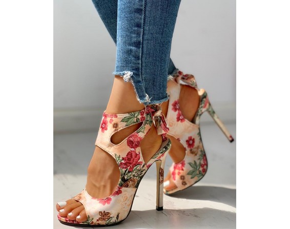 Floral Print Peep Toe Cut Out Thin Heeled S als