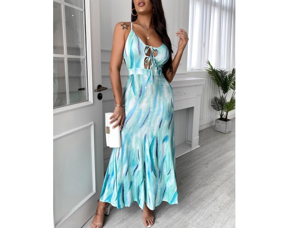 Cutout Front Tied  tail Backless Tie Dye Print Maxi Dress