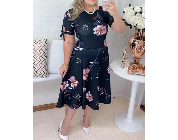 Plus Size Floral Print Tied  tail Short Sleeve Casual Dress