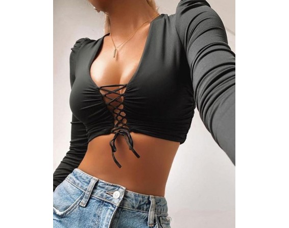 Plain Puff Sleeve Lace up Crop Top