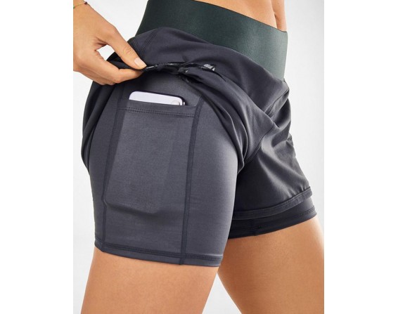 Double Layered High Waist Yoga Shorts With Pocket Workout   Shorts