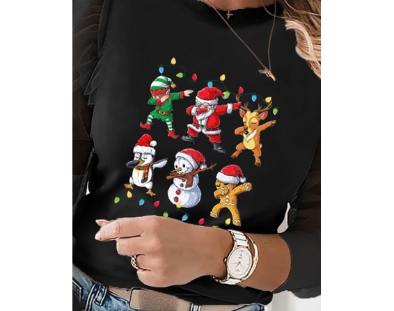 Christmas S ta Claus Print Puffed Sleeve Sheer Mesh Top
