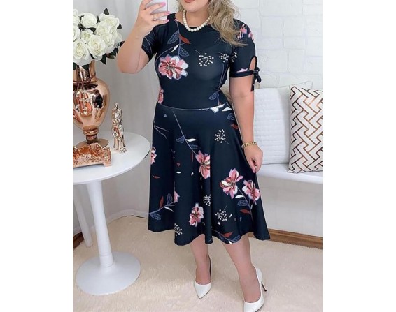 Plus Size Floral Print Tied  tail Short Sleeve Casual Dress