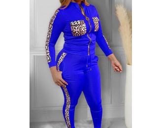 Plus Size Cheetah Print Colorblock Top   Drawstring Pants Set