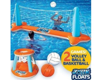 Inflatable Pool Float Set Volleyball Net & Basketball Hoops; Balls Included for